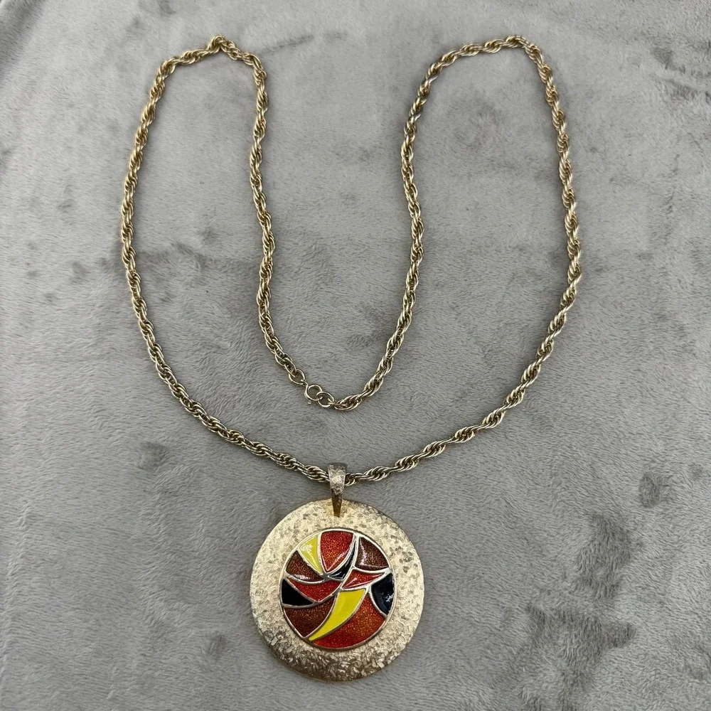 Vintage Estate Mirror Necklace Gold Tone Enamel Reversible 32